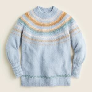 NWT J Crew Fair Isle Yoke Puff Sleeve Sweater Size Large Light Blue